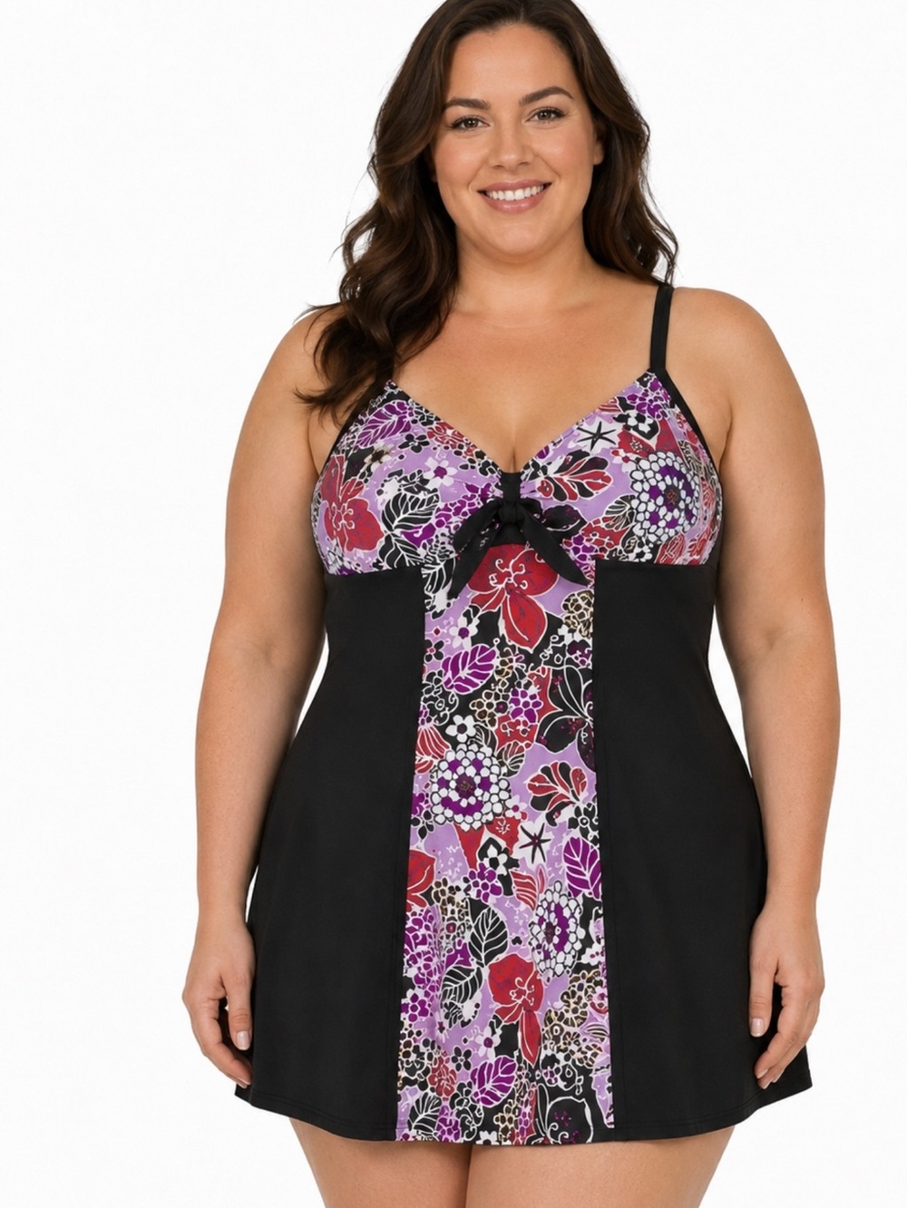 Shore fit Paisley One Piece Swim dress Swimsuit Panel Black & Lavender size 24